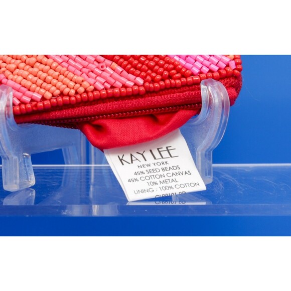 Kay Lee Beaded Red Pink Chevron Seed Bead Canvas Zip Clutch /Makeup Bag 6" x 5" - Picture 4 of 4